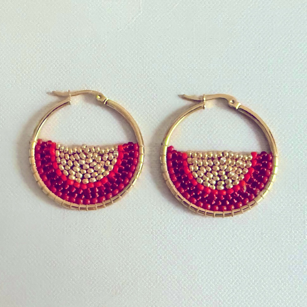 Gold and Red Beaded Hoop Earrings